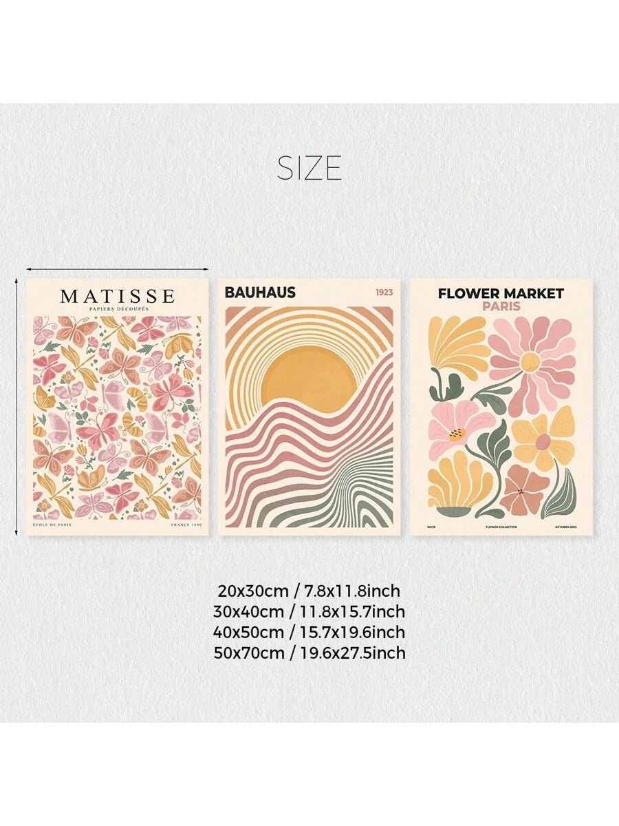 Bedroom view of floral Bauhaus and butterfly canvas posters in wood frames