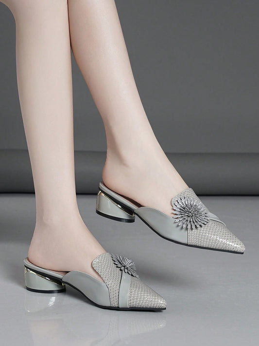 Rhinestone Glamour: Women's Pointed Toe Chunky Heel Backless Shoes