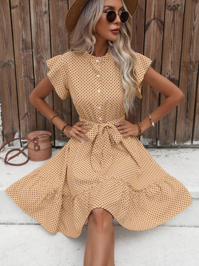 Polka Dot Perfection: Elegant Summer Dress with Ruffled Hem and Waist Belt