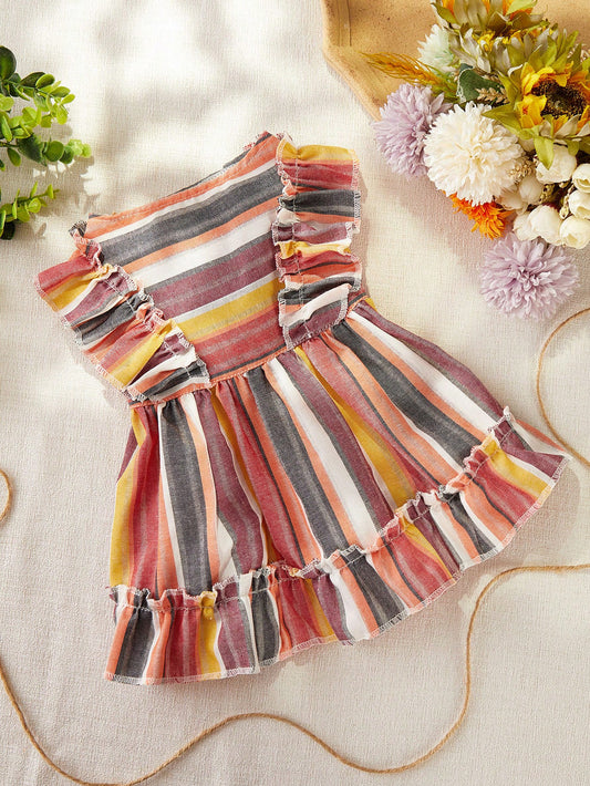 Royal Pooch Princess: Colorful Striped Pet Dress with Spaghetti Straps and Flouncing Sleeves