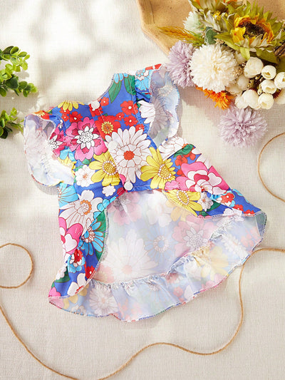 Colorful Floral Print Bubble Sleeve Dress for Stylish Pets - Perfect for Holiday Looks!