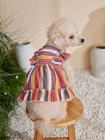 Royal Pooch Princess: Colorful Striped Pet Dress with Spaghetti Straps and Flouncing Sleeves