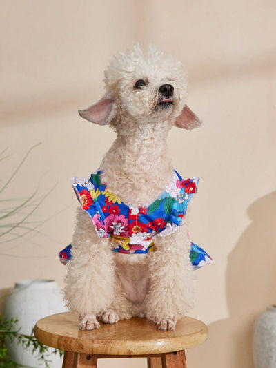 Colorful Floral Print Bubble Sleeve Dress for Stylish Pets - Perfect for Holiday Looks!