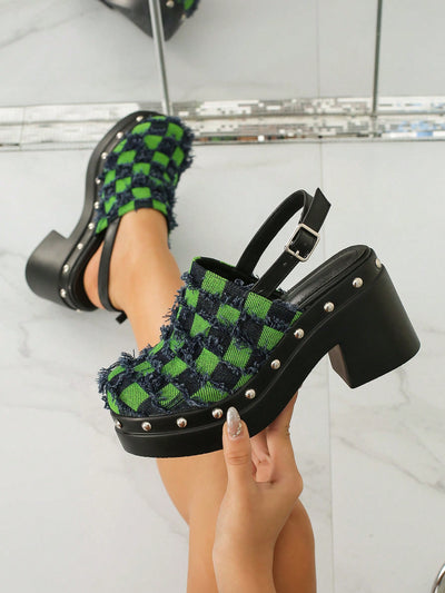 Elevate your style with our Green Rivet Detail Chunky Heel <a href="https://canaryhouze.com/collections/women-canvas-shoes?sort_by=created-descending" target="_blank" rel="noopener">Slippers</a>. Perfect for parties and banquets, these slippers will make you stand out with their unique rivet detailing and comfortable chunky heel. Make a fashion statement and impress with these must-have slippers.