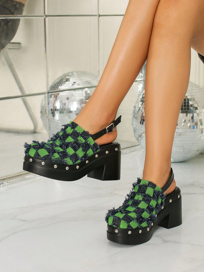 Green Rivet Detail Chunky Heel Slippers: Ideal for Parties & Banquets