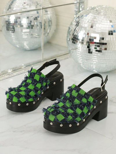 Stylish and Chic Green Rivet Detail Chunky Heel Slippers for Parties and Banquets