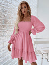 Elegant Raffin Square Neck Shirred Bodice Dress with Flounce Sleeves and Ruffle Hem