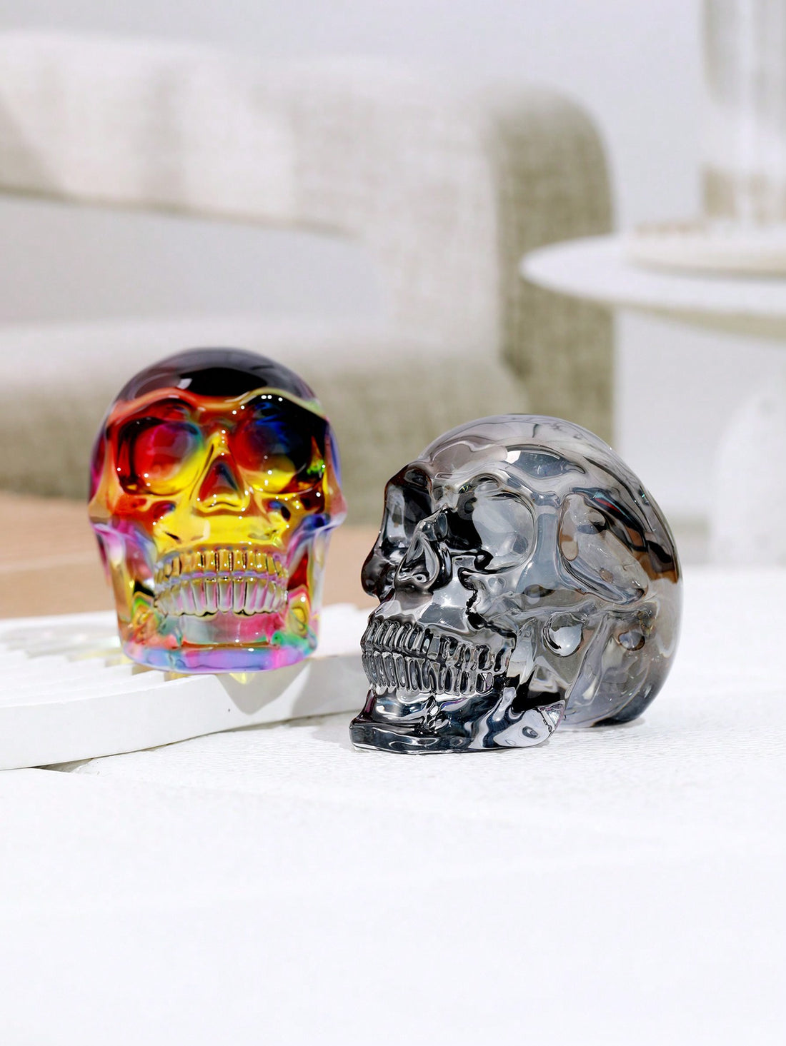 Enhance your home decor with our Spectral Splendor: Vibrant Crystal Carved Skull Decoration. Made with vibrant crystals, this unique piece adds a touch of elegance and intrigue to any room. Bring a bold and sophisticated look to your space with this stunning home decoration.
