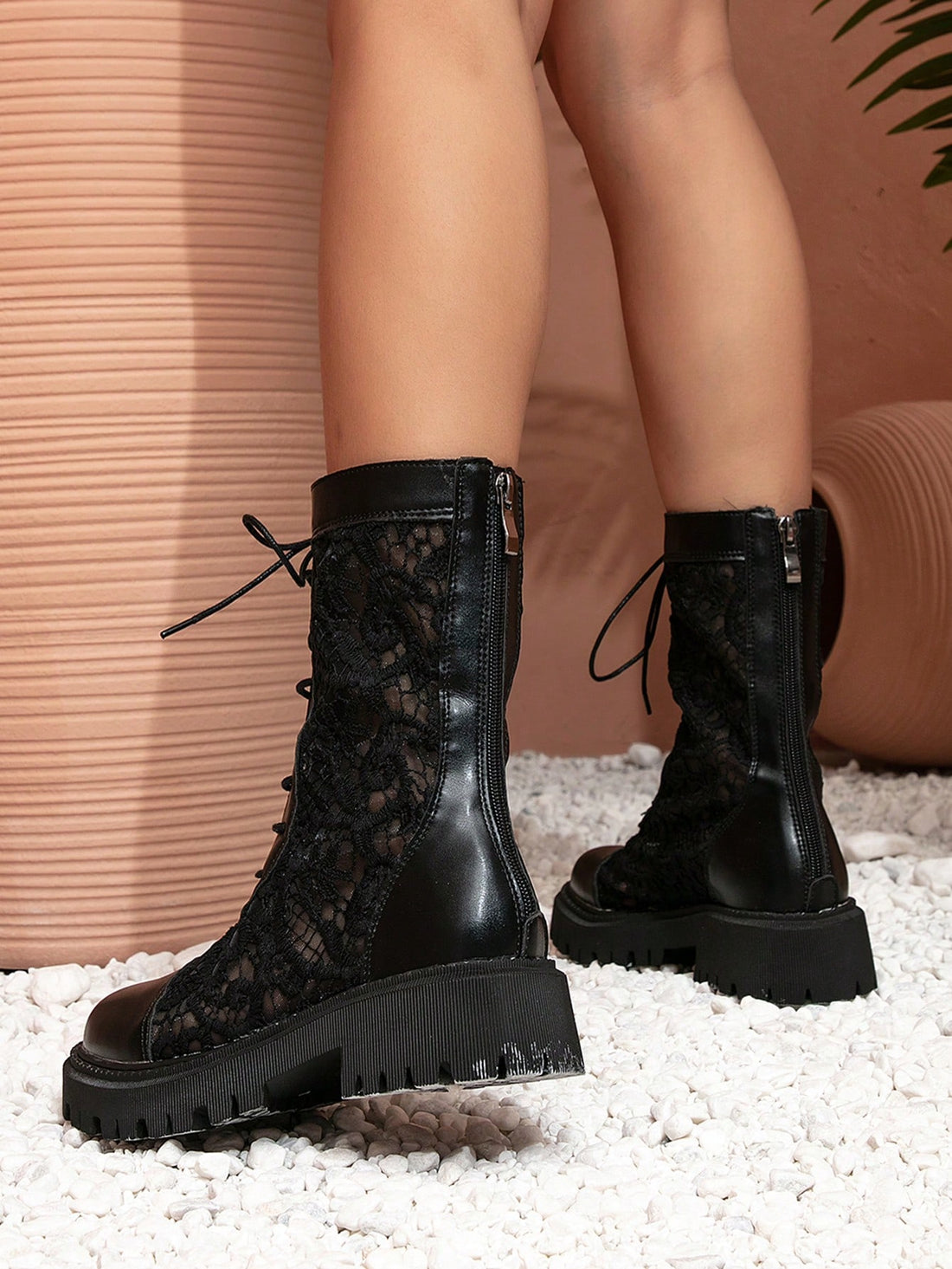 Summer Chic: White Mesh Mid-Calf Booties with Chunky Sole and Lace Detail