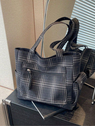 Plaid Pattern Multi-Pocket Tote Bag: Stylish and Functional Mother's Day Gift for Mom and Teens