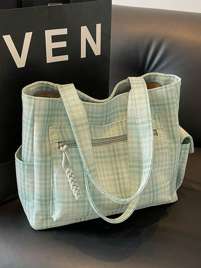 Plaid Pattern Multi-Pocket Tote Bag: Stylish and Functional Mother's Day Gift for Mom and Teens