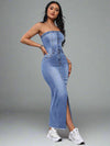 Chic and Sexy: Sleeveless Denim Maxi Dress with Slit and Bodycon Fit