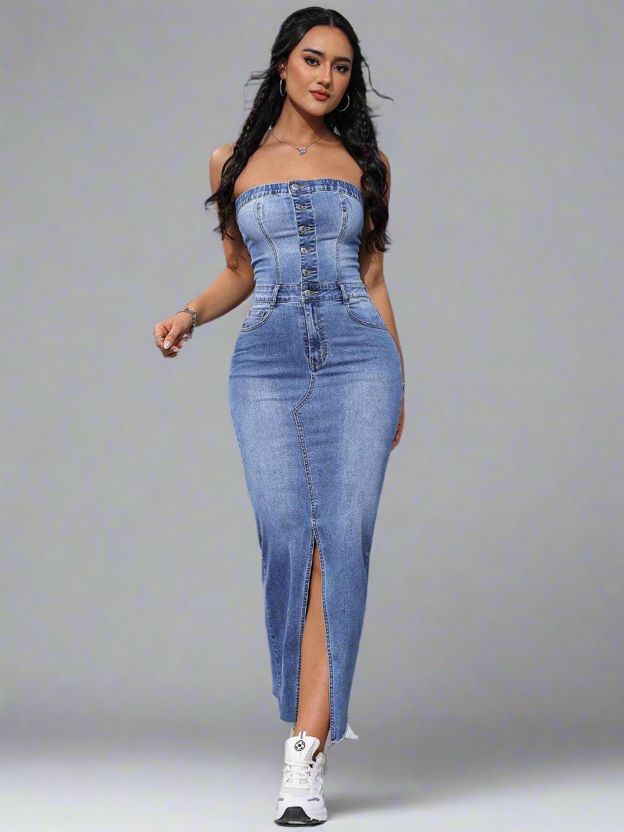 Effortlessly elevate your style with our Chic and Sexy Sleeveless Denim Maxi Dress. Show off your curves with the bodycon fit while staying cool and comfortable in the sleeveless design. Perfect for any occasion, this dress features a daring slit for a touch of sexiness.