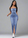 Chic and Sexy: Sleeveless Denim Maxi Dress with Slit and Bodycon Fit