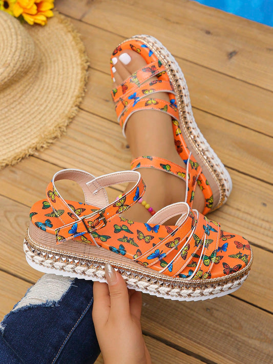 Summer Chic: Plus Size Platform Wedge Sandals with Butterfly Print and Linen Rope Sole