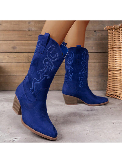 Stylish Western-Inspired Embroidered Mid-Calf Wedge Boots for Women