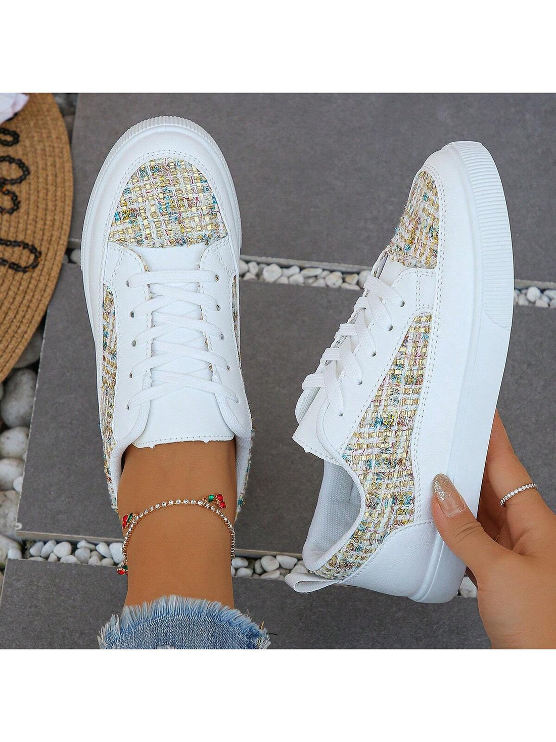Introducing our Golden Glitter White <a href="https://canaryhouze.com/collections/women-canvas-shoes?sort_by=created-descending" target="_blank" rel="noopener">Sneakers</a>: the perfect combination of style and comfort. With a touch of sparkle, these sneakers will make you stand out from the crowd. Made with high-quality materials, they offer durability and long-lasting shine. Elevate your fashion game with these trendy sneakers.