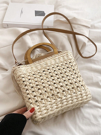 Summer Chic: Handwoven Wooden Handle Straw Beach Bag