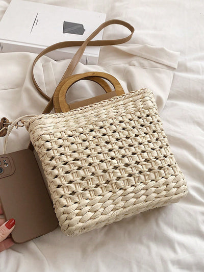 Summer Chic: Handwoven Wooden Handle Straw Beach Bag