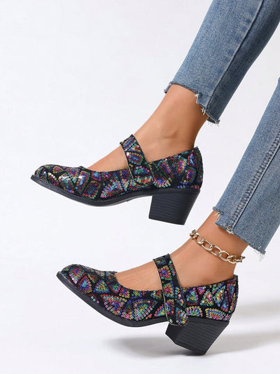 These stunning Black Sequin Chunky Heel Mary Jane <a href="https://canaryhouze.com/collections/women-canvas-shoes?sort_by=created-descending" target="_blank" rel="noopener">Shoes</a> feature sparkling stripes, perfect for adding a touch of glamour to any outfit. The chunky heel provides both style and comfort, making them a versatile addition to any wardrobe. Elevate your look with these eye-catching shoes.