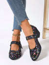 Sparkling Stripes: Women's Black Sequin Chunky Heel Mary Jane Shoes