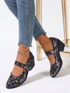 Sparkling Stripes: Women's Black Sequin Chunky Heel Mary Jane Shoes