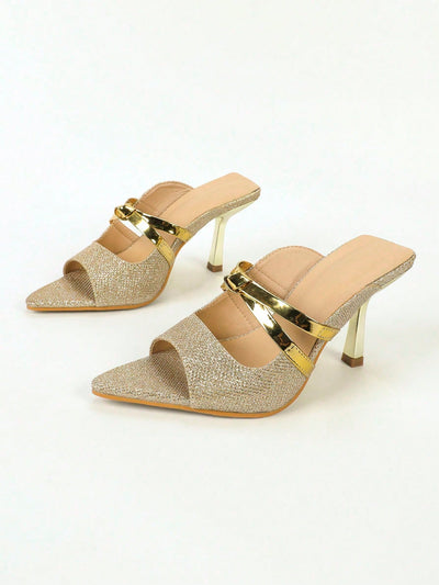 Golden Goddess: Crossed Strappy High Heel Sandals with Fish Mouth Detail