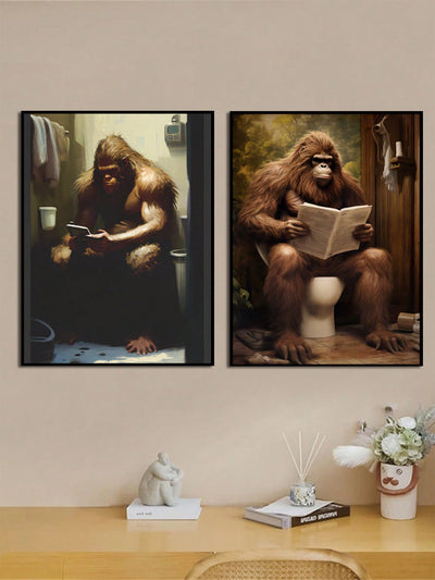 Modern Art: Gorilla in Bathroom Canvas Poster - Unique Winter Room Decoration