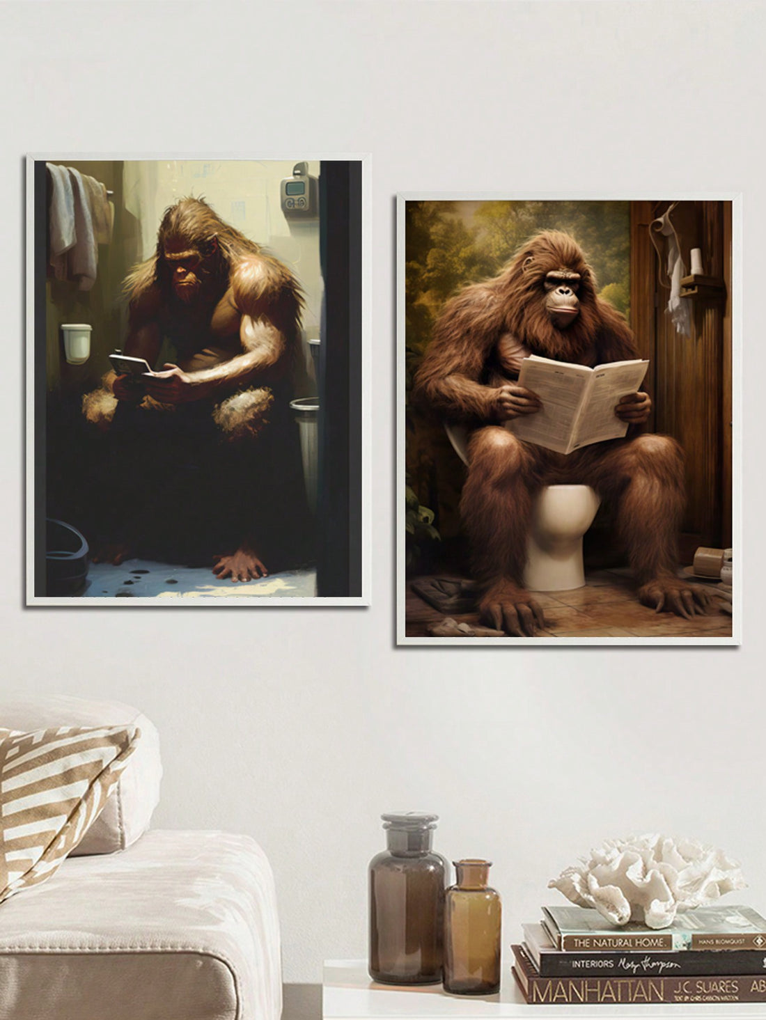 This Modern Art: Gorilla in Bathroom Canvas Poster is a unique winter room decoration that adds a touch of creativity to your living space. With its eye-catching design and high-quality canvas material, this poster is sure to make a statement in any room. Bring a touch of the wild into your home with this one-of-a-kind artwork.