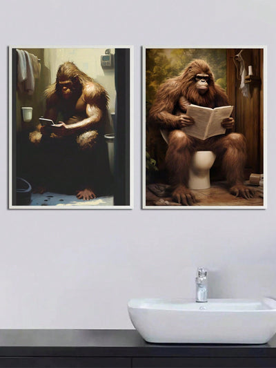 Modern Art: Gorilla in Bathroom Canvas Poster - Unique Winter Room Decoration