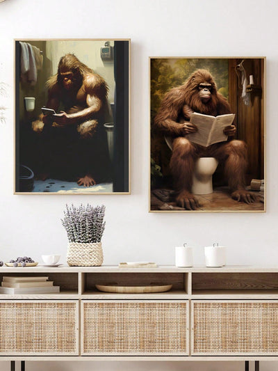 Modern Art: Gorilla in Bathroom Canvas Poster - Unique Winter Room Decoration