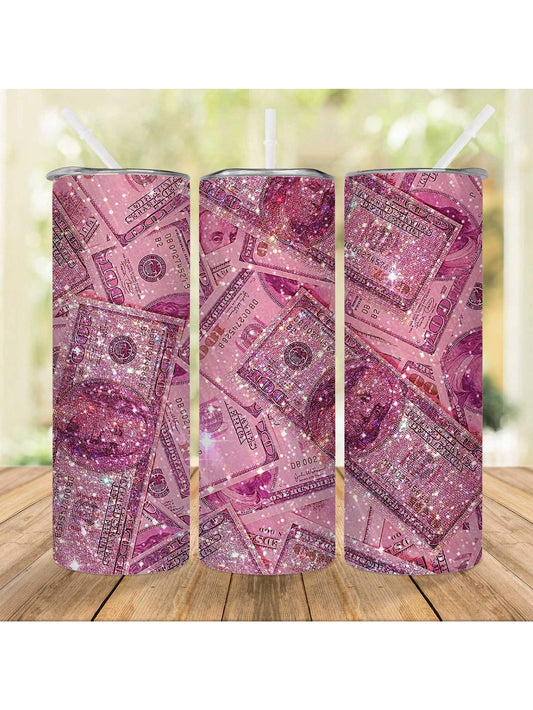 This stainless steel tumbler features a sparkling pink glitter design with an American dollar pattern. Keep your drinks hot or cold with the insulated design and included straw. Perfect for on-the-go use and adding a touch of glamour to your daily routine.
