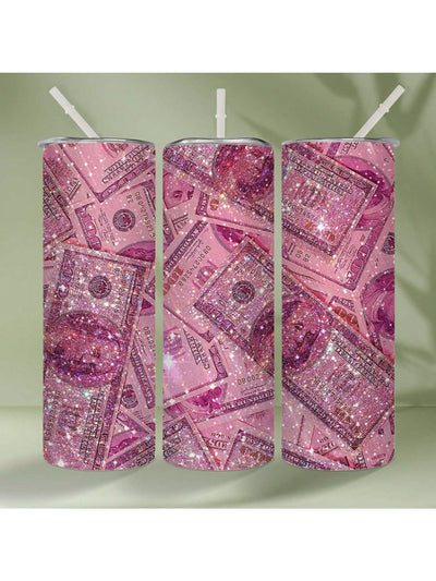 Sparkling Pink Glitter American Dollar Pattern Stainless Steel Tumbler - Insulated Water Cup with Straw