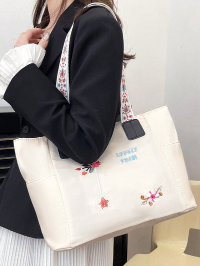 Women's Flower Embroidery Print Solid Color Tote Shoulder Bag, Large Capacity Durable Lightweight Storage Bag For Work, Sweet Valentine's Day Mother's Day Gift Sling Bag, Casual Multi-Pocket Fashion Commuting Shopping Handbag For Daily Use