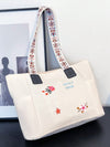 Women's Flower Embroidery Print Solid Color Tote Shoulder Bag, Large Capacity Durable Lightweight Storage Bag For Work, Sweet Valentine's Day Mother's Day Gift Sling Bag, Casual Multi-Pocket Fashion Commuting Shopping Handbag For Daily Use