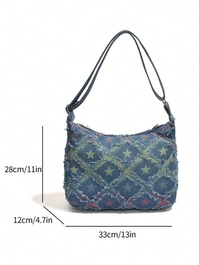 High Fashion Checkered Five-Pointed Star Denim Tote: The Ultimate Shoulder Bag for Trendy College Students