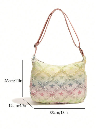 High Fashion Checkered Five-Pointed Star Denim Tote: The Ultimate Shoulder Bag for Trendy College Students