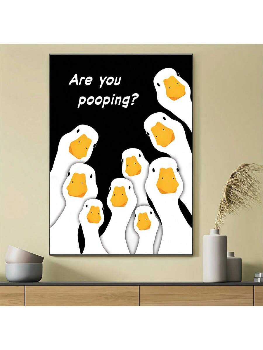 Add a touch of humor to your home decor with our Quirky Duck Sneaking Poster. Featuring a sneaky duck and the playful question "Are You Pooping?", this unique canvas wall art is sure to bring a smile to your face. Made with high-quality materials, it's the perfect addition to any room.