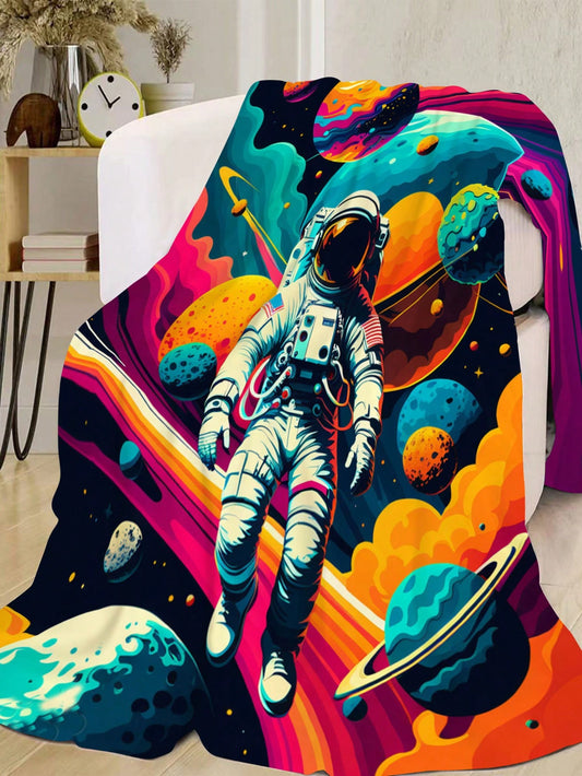 Space Man Galaxy Print Flannel Blanket - Soft Lightweight Plush Bed Throw
