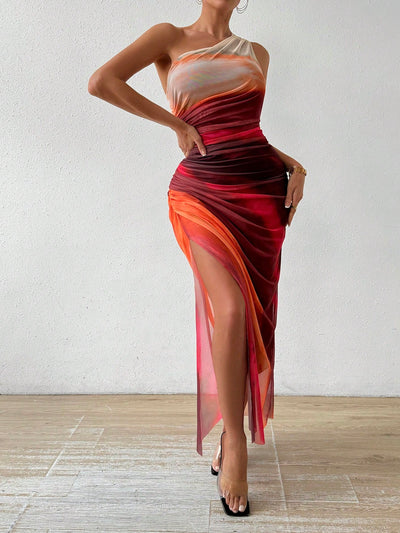 Gradient Goddess: Ruched Tulle Dress with High Slit and Asymmetric Collar