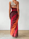 Gradient Goddess: Ruched Tulle Dress with High Slit and Asymmetric Collar