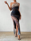 Gradient Goddess: Ruched Tulle Dress with High Slit and Asymmetric Collar