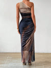 Gradient Goddess: Ruched Tulle Dress with High Slit and Asymmetric Collar