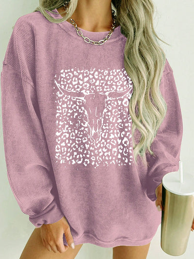 Stay warm and stylish with our Leopard &amp; Bull Head Print Sweatshirt! Made from cozy materials, this sweatshirt features a trendy leopard and bull head print. Perfect for any fashion-forward individual looking for a unique addition to their wardrobe.