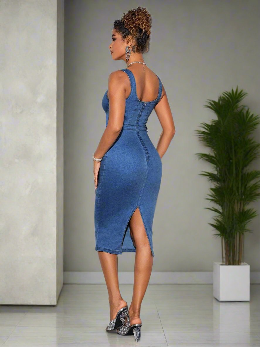 This women's denim dress is a chic and sleeveless addition to your wardrobe. The solid color design provides a versatile and sophisticated look, perfect for any occasion. Made from high-quality denim, this dress offers comfort and durability. Upgrade your fashion game with this must-have piece.