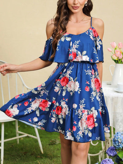 Romantic Flower Printed Off-The-Shoulder Ruffle Strap Summer Dress