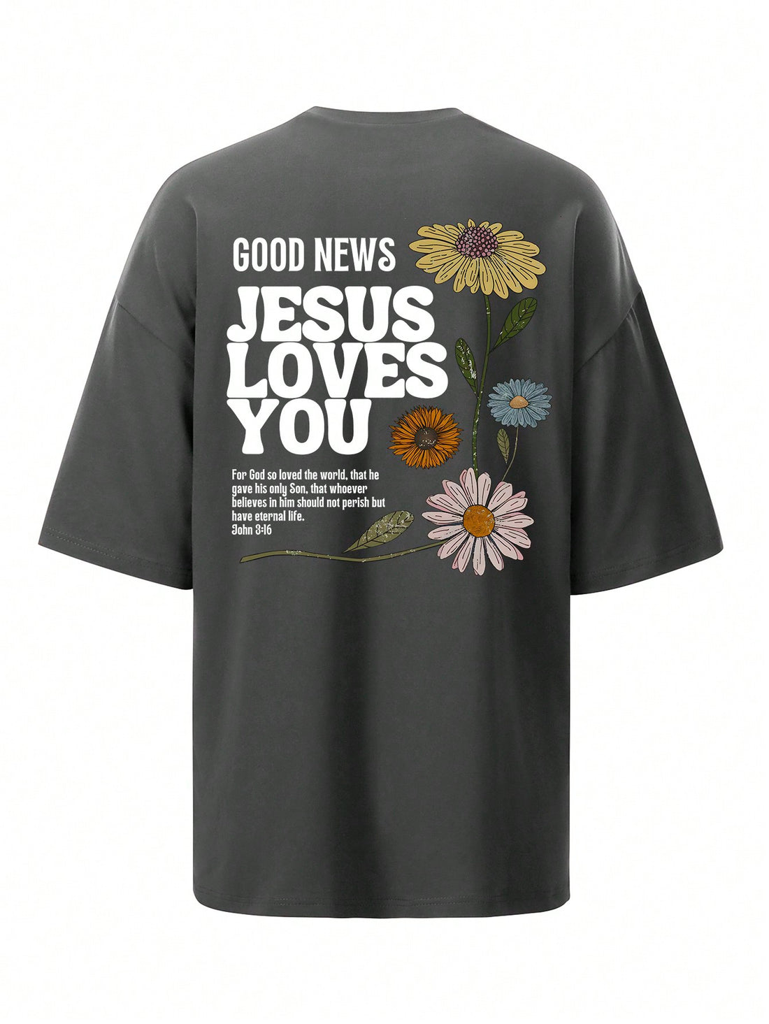 Welcome to the summer season with our Summer Vibes: Oversized Floral Slogan T-Shirt! This trendy t-shirt features a beautiful floral design and a powerful message that reads 'Good News: Jesus Loves You'. Stay comfortable and stylish while spreading positivity and love with this oversized t-shirt. Get yours today!