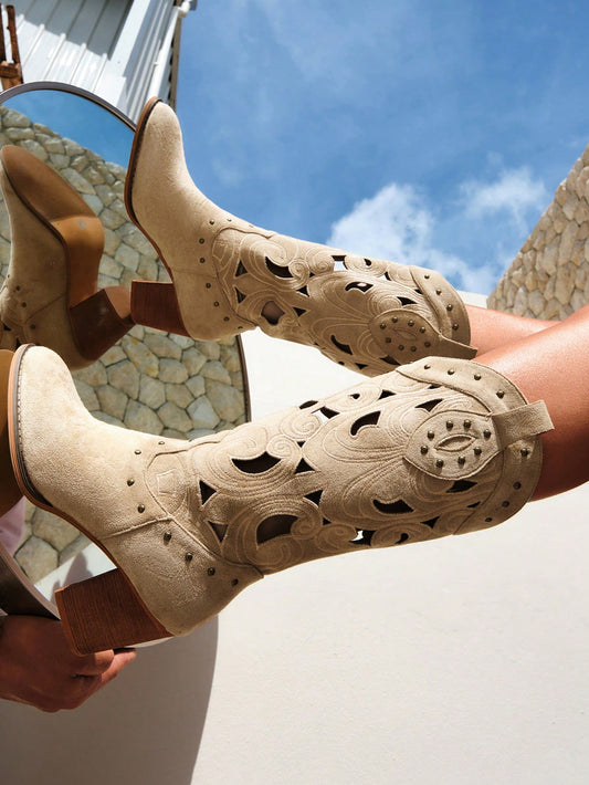 Vacation Vibes: Hollow Out Design Fashion Boots in Apricot for Summer Sale