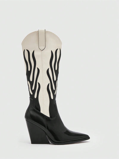 Chic Two-Tone Pointed Toe Western Boots - Black & White Fashion Footwear for Every Occasion