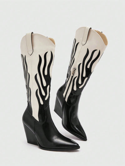 Chic Two-Tone Pointed Toe Western Boots - Black & White Fashion Footwear for Every Occasion